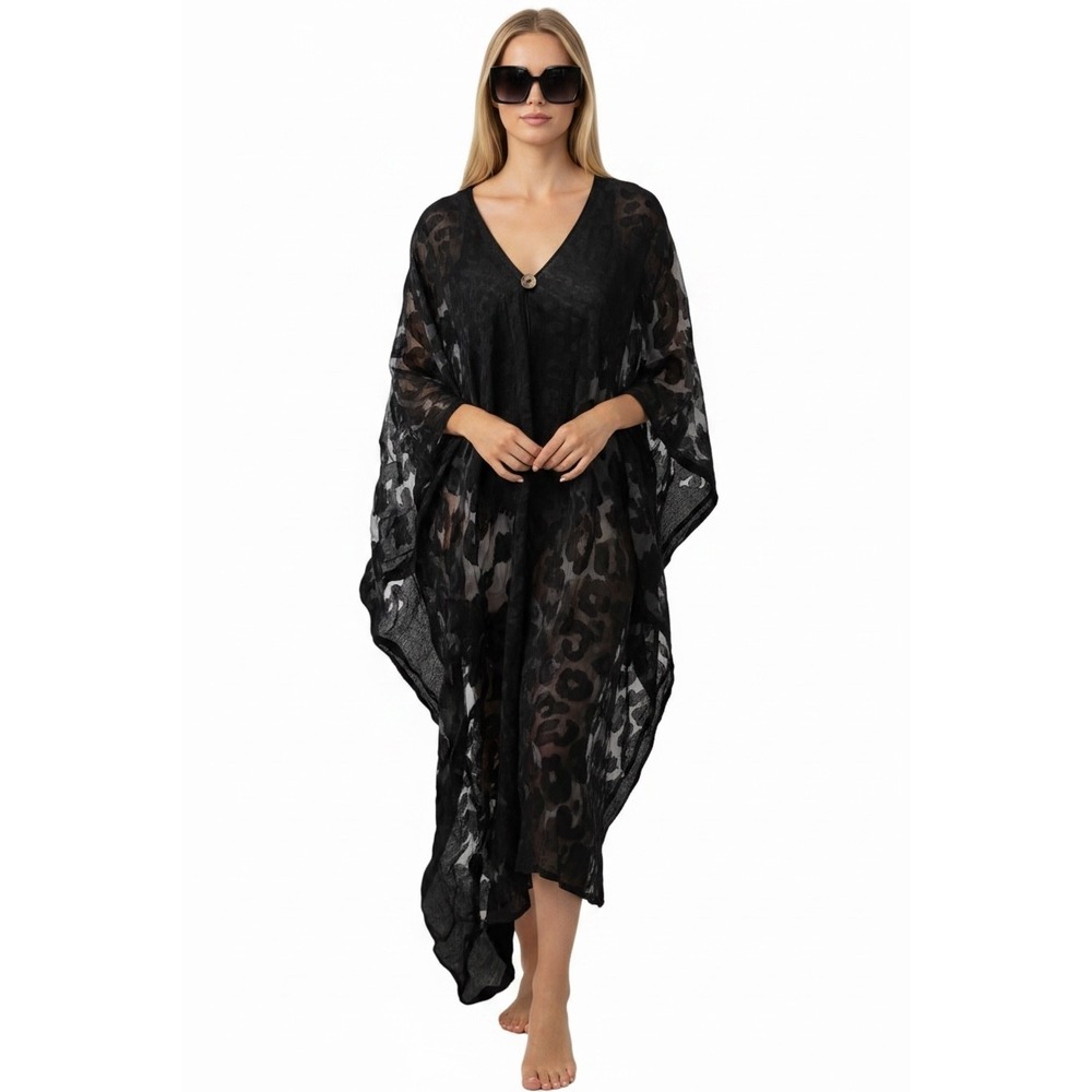 Miss Nikky Black Burnout Floral Print Kaftan Cover Up One Size Swim Resortwear - Picture 1 of 9